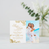 エレガントモダンシンプルバラフローラ救金ゴールド日付 案内ポストカード (スタンド正面)