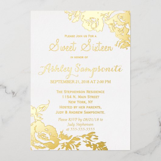 エレガントモダンシンプルバラフローラ金ゴールドスウィート16 箔招待状 (正面)