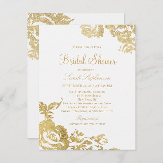 エレガントモダンシンプルフローラ金ゴールドブライダルシャワー 招待状 (正面/裏面)