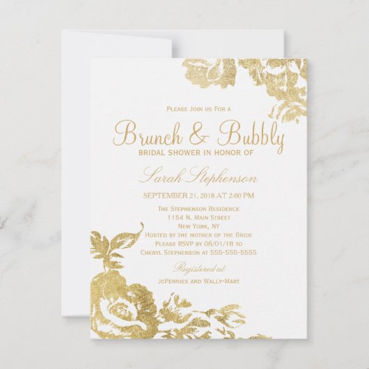 エレガントモダンシンプルフローラ金ゴールドブランチ 招待状 (正面)