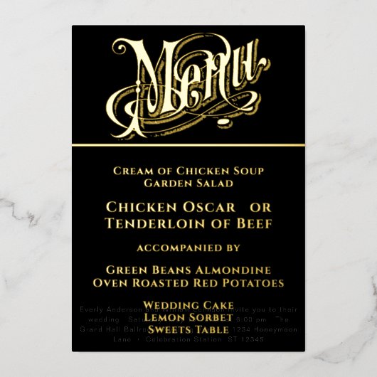 エレガントモダンシンプルミニマル金ゴールド結婚のメニュー 箔招待状 (正面)