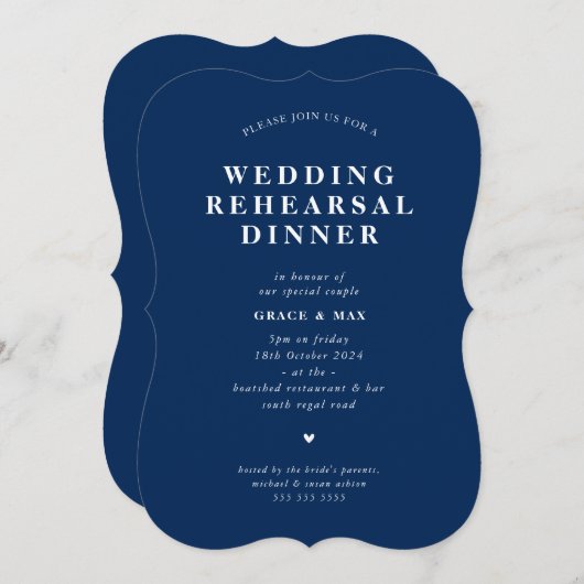 エレガントモダンシンプルリハーサル海軍ブルー 招待状 (正面/裏面)