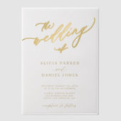 エレガントモダンシンプル結婚金ゴールド ベラム紙招待状 (正面)