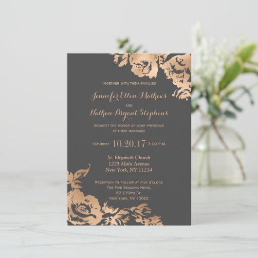 エレガントモダンシンプル金ゴールドグレーフローラ結婚ズ 招待状 (スタンド正面)