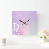 エレガントモダンスタイリッシュガーリーパープルグリッター スクエア壁時計 (ホーム)