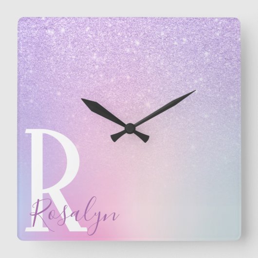 エレガントモダンスタイリッシュガーリーパープルグリッター スクエア壁時計 (正面)