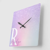 エレガントモダンスタイリッシュガーリーパープルグリッター スクエア壁時計 (傾斜)