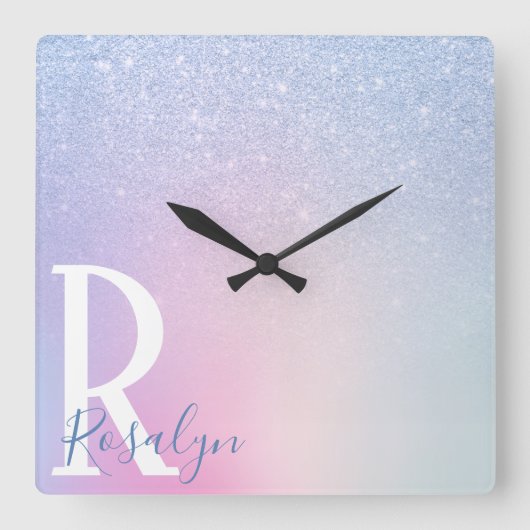エレガントモダンスタイリッシュグラデーション青いグリッター スクエア壁時計 (正面)