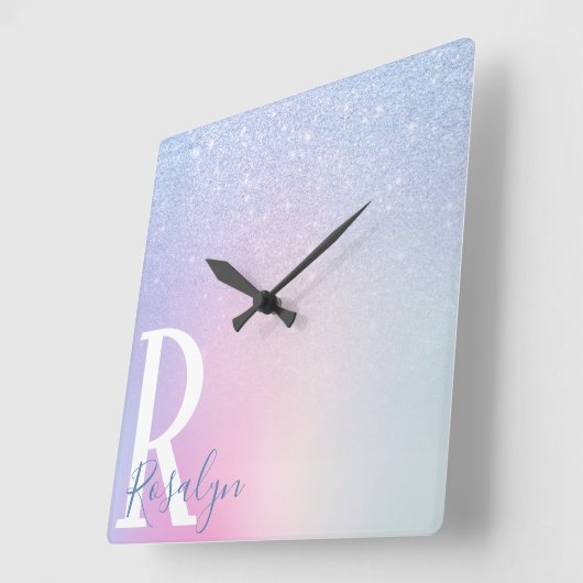 エレガントモダンスタイリッシュグラデーション青いグリッター スクエア壁時計 (傾斜)