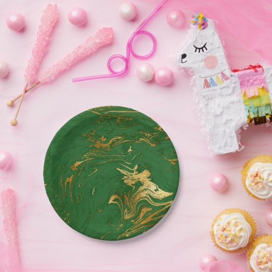 エレガントモダンスタイリッシュ金ゴールド・グリーン大理石ルック ペーパープレート (パーティー)