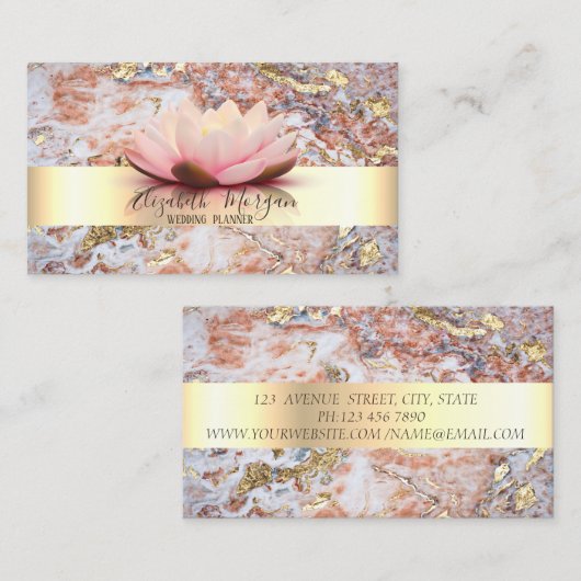 エレガントモダンストライプロータスマーブル金ゴールド 名刺 (正面/裏面)