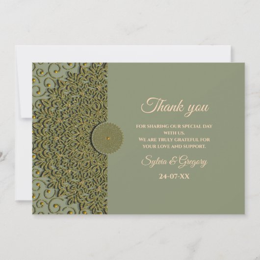 エレガントモダンセージ緑と金ゴールドクラシックマンダラT サンキューカード (正面)