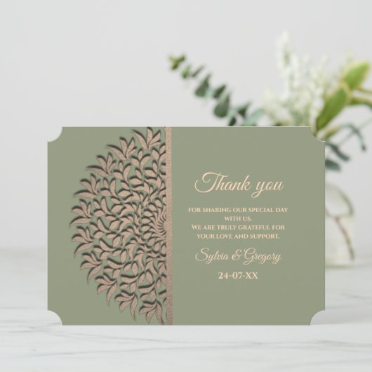 エレガントモダンセージ緑と金ゴールドクラシックマンダラT サンキューカード (スタンド正面)