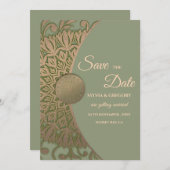 エレガントモダンセージ緑と金ゴールドクラシック曼荼羅 セーブザデート (正面/裏面)