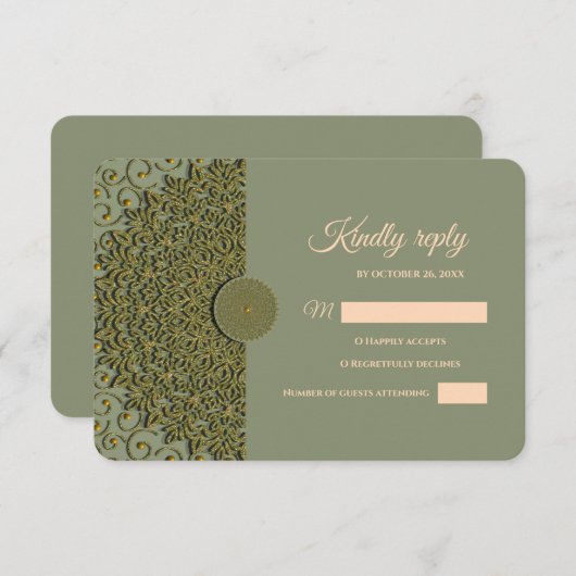 エレガントモダンセージ緑と金ゴールドクラシック曼荼羅 出欠カード (正面/裏面)