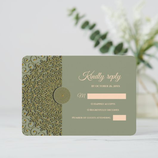 エレガントモダンセージ緑と金ゴールドクラシック曼荼羅 出欠カード (スタンド正面)