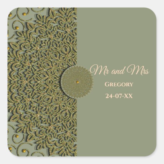 エレガントモダンセージ緑と金ゴールドクラシック スクエアシール (正面)