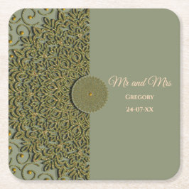 エレガントモダンセージ緑と金ゴールドクラシック スクエアペーパーコースター