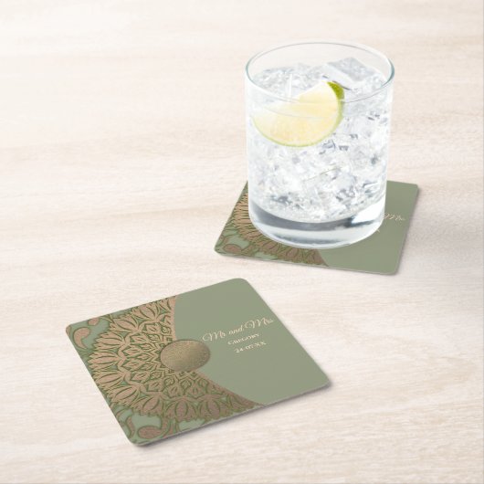 エレガントモダンセージ緑と金ゴールドクラシック スクエアペーパーコースター (インサイチュ)