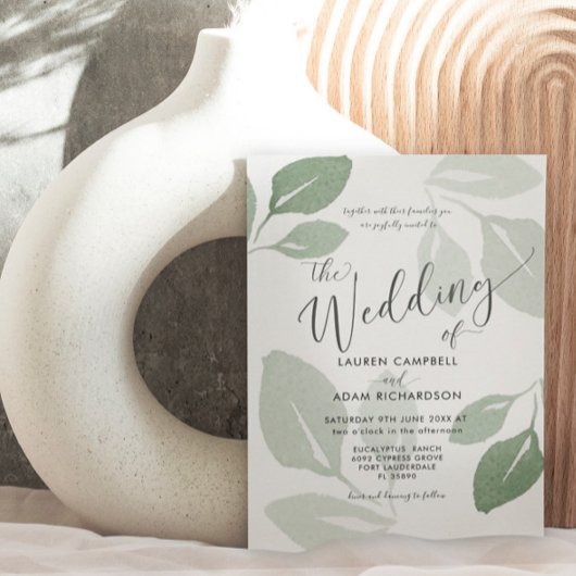 エレガントモダンセージ緑結婚葉 招待状