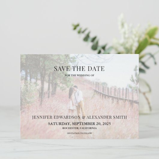 エレガントモダンタイポグラフィ写真Dateカードを保存 招待状 (スタンド正面)