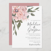 エレガントモダンダスティピンクローズフローラ結婚ズインビ 招待状 (正面/裏面)