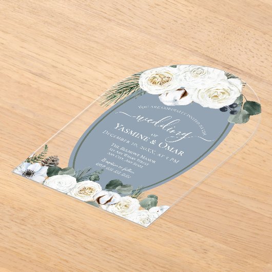 エレガントモダンダスティブルーとセージ結婚グリーン アクリル招待状 (レイダウン)