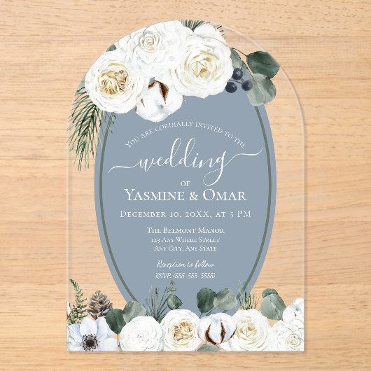 エレガントモダンダスティブルーとセージ結婚グリーン アクリル招待状 (正面)