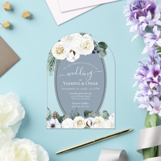 エレガントモダンダスティブルーとセージ結婚グリーン アクリル招待状 (インサイチュ (ウェディング))