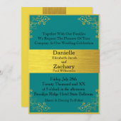 エレガントモダンティール(緑がかった色)と金ゴールド水平結婚の 招待状 (正面/裏面)