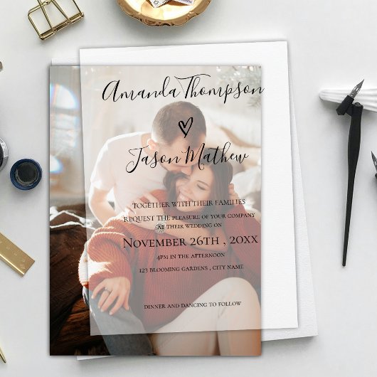 エレガントモダンハート結婚タイポグラフィ ベラム紙招待状