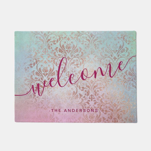 エレガントモダンバラ金ゴールドダマスク水色 ドアマット (正面)