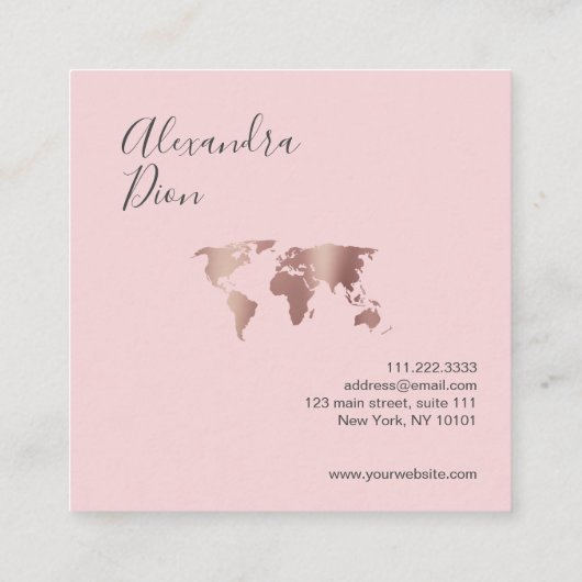 エレガントモダンバラ金ゴールドピンクのワールドマップ スクエア名刺 (裏面)