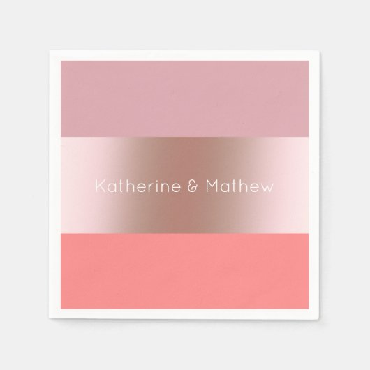 エレガントモダンバラ金ゴールドピンクストライプのサンゴ スタンダードカクテルナプキン (正面)