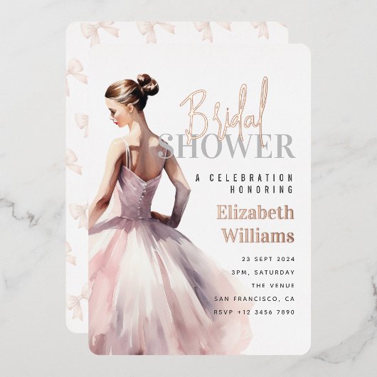 エレガントモダンバラ金ゴールドブライダルシャワーパーティー 箔招待状 (正面/裏面)