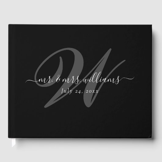 エレガントモダンパーソナライズされたブラック・モノグラム結婚ズ ゲストブック (正面)