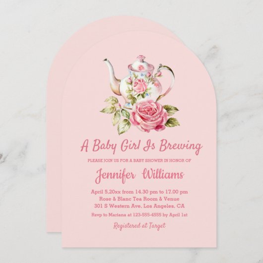 エレガントモダンピンクのアーチ茶パーティー赤ちゃんシャワー 招待状 (正面/裏面)
