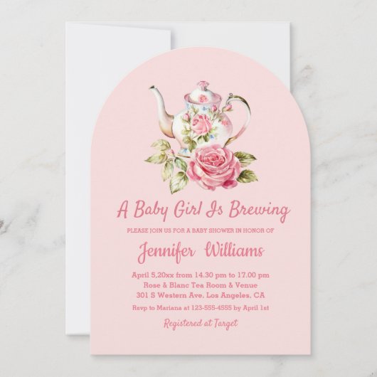 エレガントモダンピンクのアーチ茶パーティー赤ちゃんシャワー 招待状 (正面)