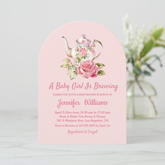 エレガントモダンピンクのアーチ茶パーティー赤ちゃんシャワー 招待状 (スタンド正面)