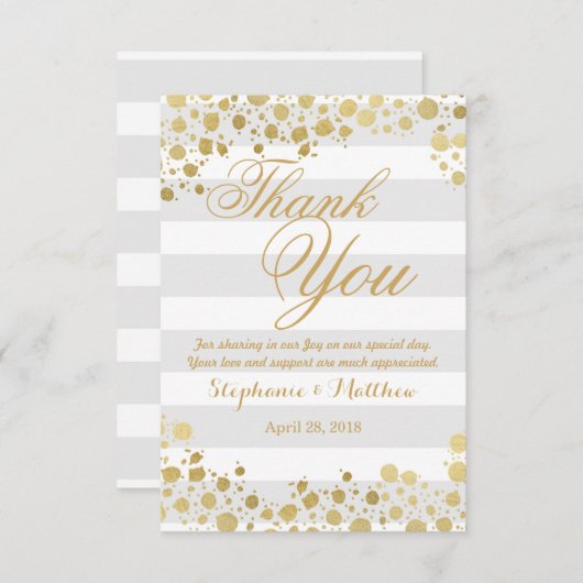 エレガントモダンフェイク金ゴールド（ばちゃばちゃ）跳ねるストライプ サンキューカード (正面/裏面)