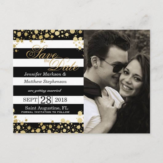 エレガントモダンフェイク金ゴールド（ばちゃばちゃ）跳ねるストライプ 案内ポストカード (正面)