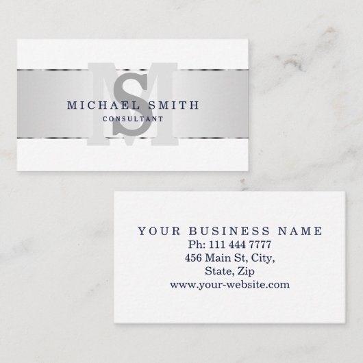 エレガントモダンフェイク銀モノグラムストライプの白色 名刺 (正面/裏面)