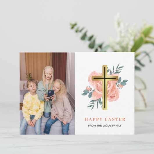 エレガントモダンフローラクロス復活祭の家族の写真 シーズンカード (スタンド正面)