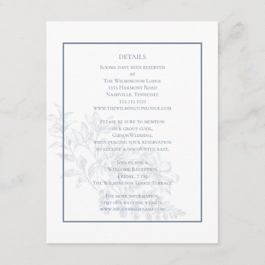 エレガントモダンフローラダスティ結婚ブルー詳細 エンクロージャーカード (正面)