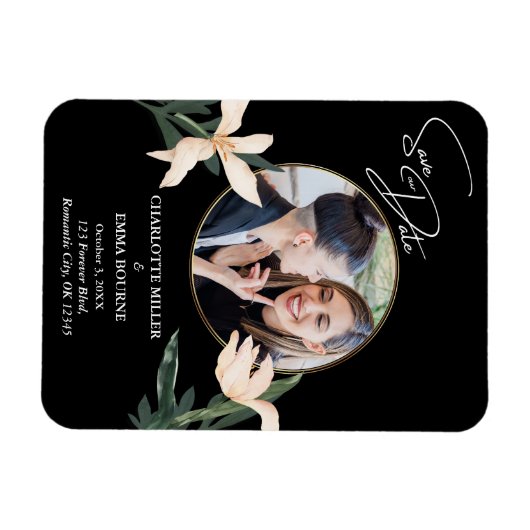 エレガントモダンフローラ写真ウェディング日付の保存 マグネット (横)