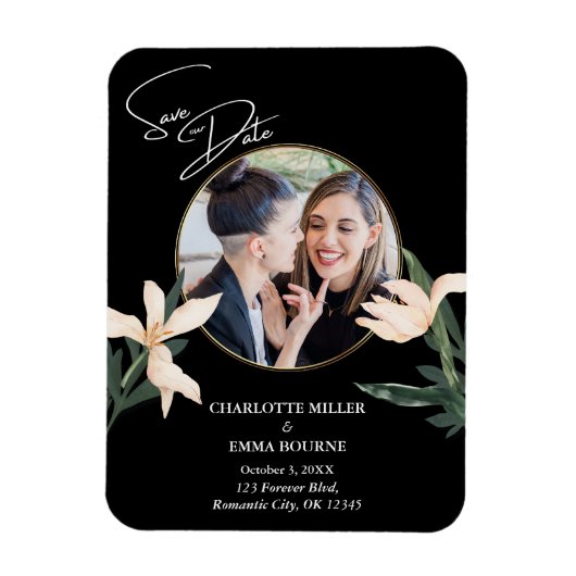 エレガントモダンフローラ写真ウェディング日付の保存 マグネット (縦)