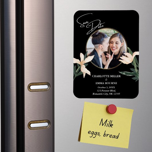 エレガントモダンフローラ写真ウェディング日付の保存 マグネット