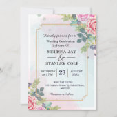 エレガントモダンフローラ緑の水結婚色 招待状 (正面)