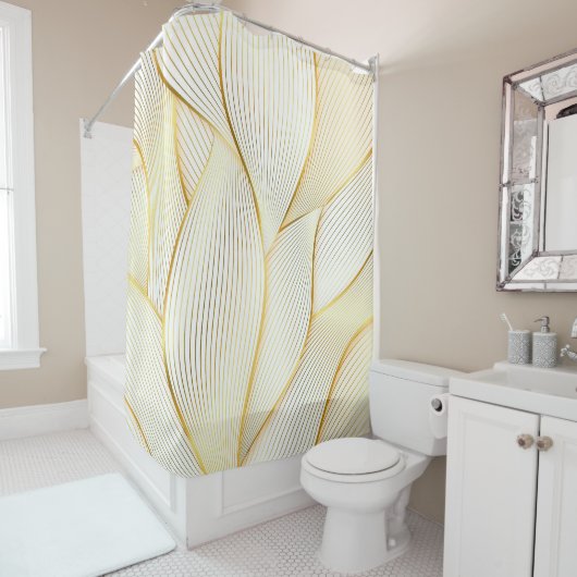 エレガントモダンフローラ金ゴールドホワイトラインコレクション シャワーカーテン (インサイチュ)