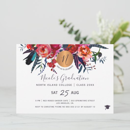 エレガントモダンフローラ金ゴールド写真卒業パーティー 招待状 (スタンド正面)